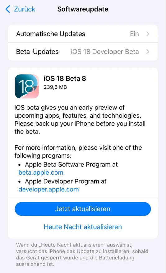 虎林苹果手机维修分享苹果 iOS / iPadOS 18 开发者预览版 Beta 8 发布 